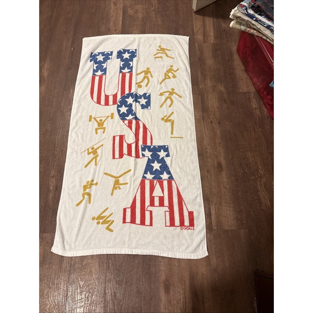 NOS Vtg 80's GOALS Beach Towel USA Olympic Motif  31x59" Stars Stripes